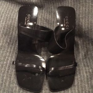 GUCCI black double strap high heel sandal.